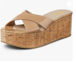 Maiyang Light Brown Open Toe Platform Mules Slip on Cork Mid Wedge Heel Sandals